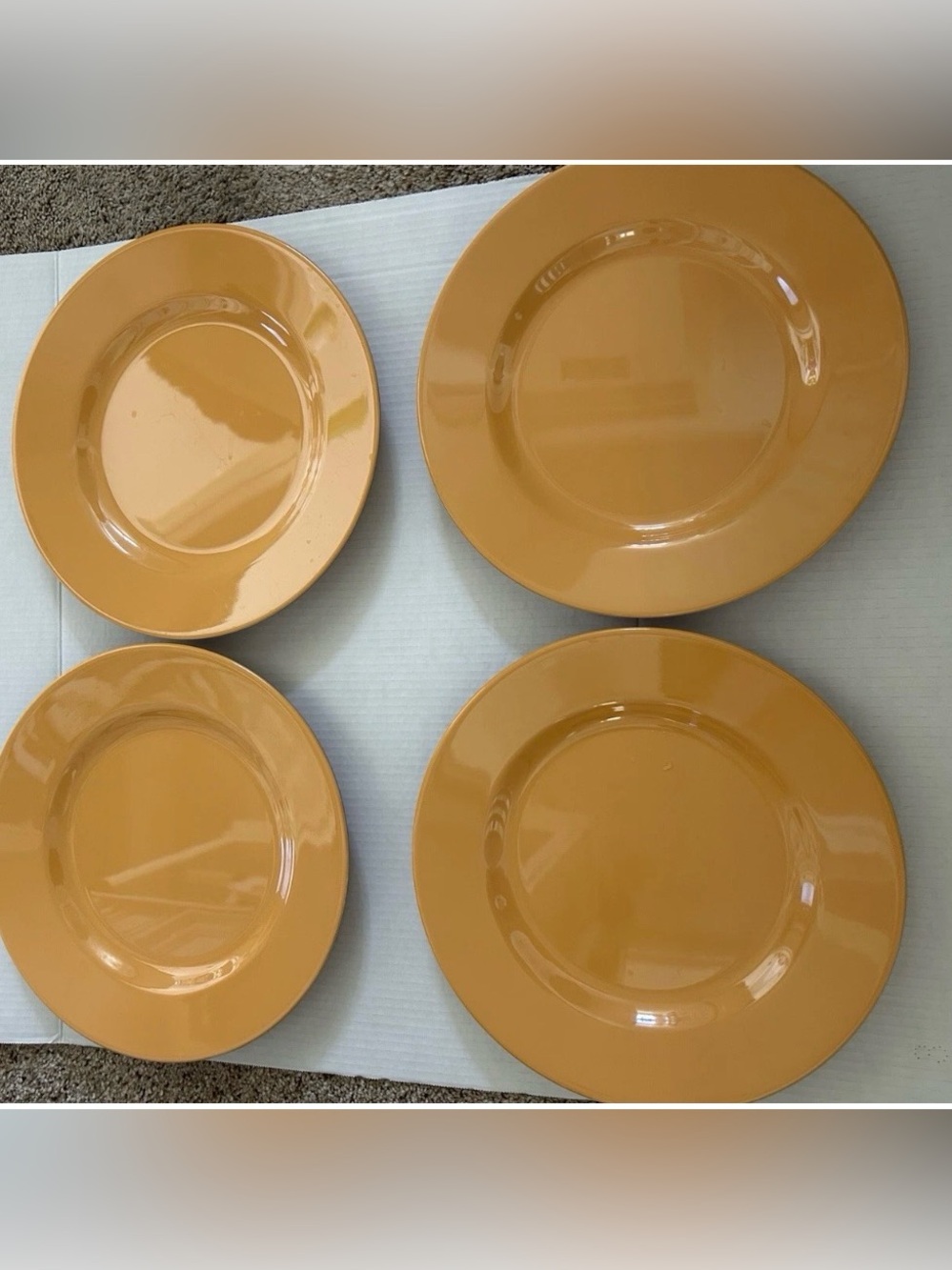 Restoration Hardware Melamine 12” Charger/Plates. Set of 4 Yellow-Gold.